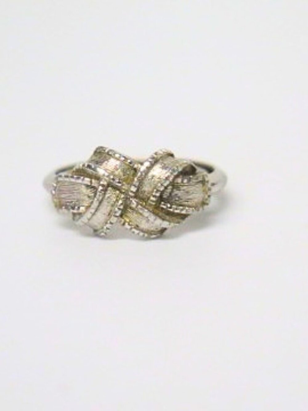 Silver Tone Ribbon Bow Knot Ring Textured Beaded Detail Estate Jewelry